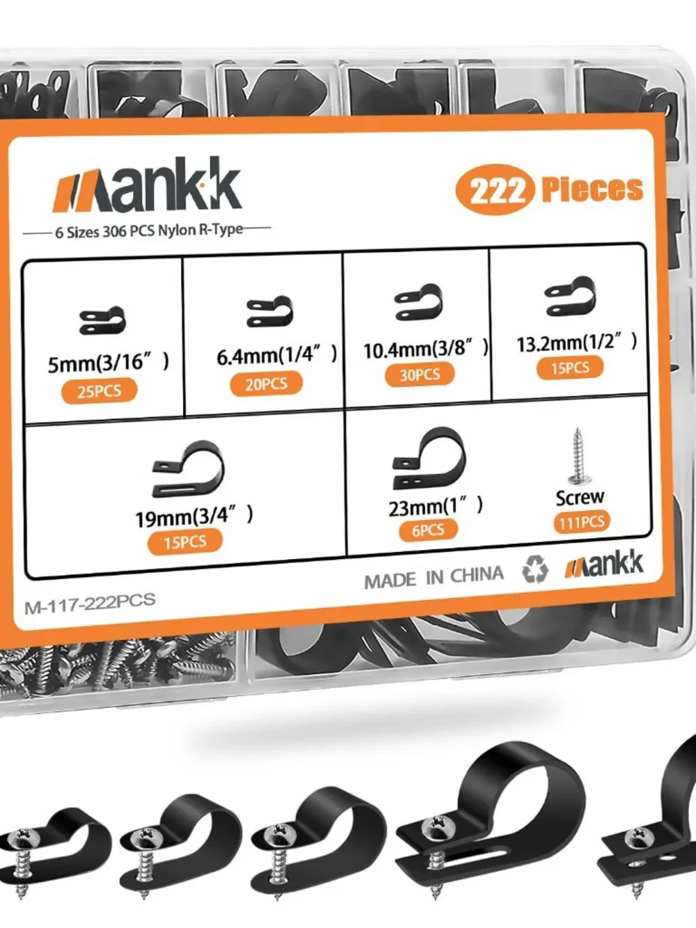 mankk 222PCS Cable Clips Wire Clips Assortment Kit Nylon Plastic R-Type Cable Cl